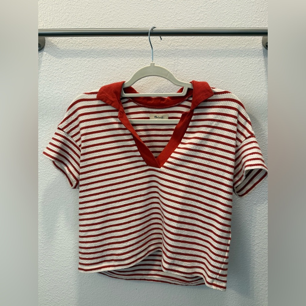 Madewell Red and White Striped V-Neck Tee